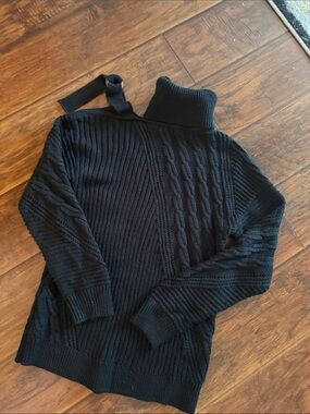 Black Cable-Knit Turtleneck Sweater with open shoulder- Women
